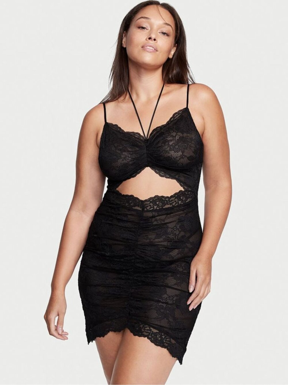 NWT Victoria's Secret Ruched Lace Cutout Mini Dress in Black, size XS